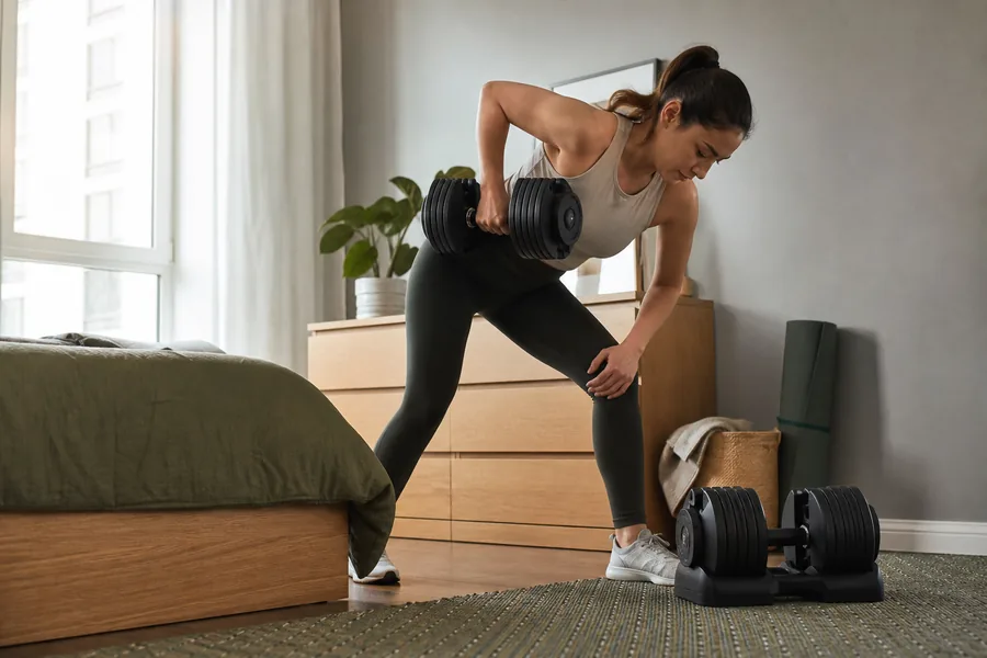 home strength beginners comparing adjustable dumbbells home for a bedroom corner needs to support a complete strength session and still look like a bedroom afterward.