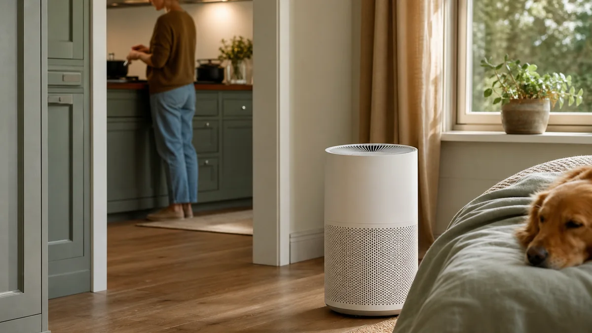 air purifier hepa home shown in the real-life setting: Cooking odors, seasonal pollen, and pet dander collect differently in every room.