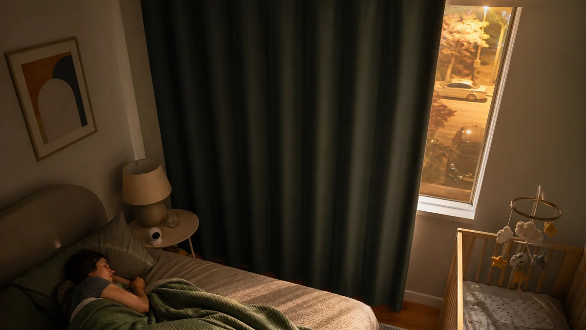blackout curtains thermal shown in the real-life setting: Streetlights and early summer sun make it hard to keep a bedroom dark when sleep matters most.