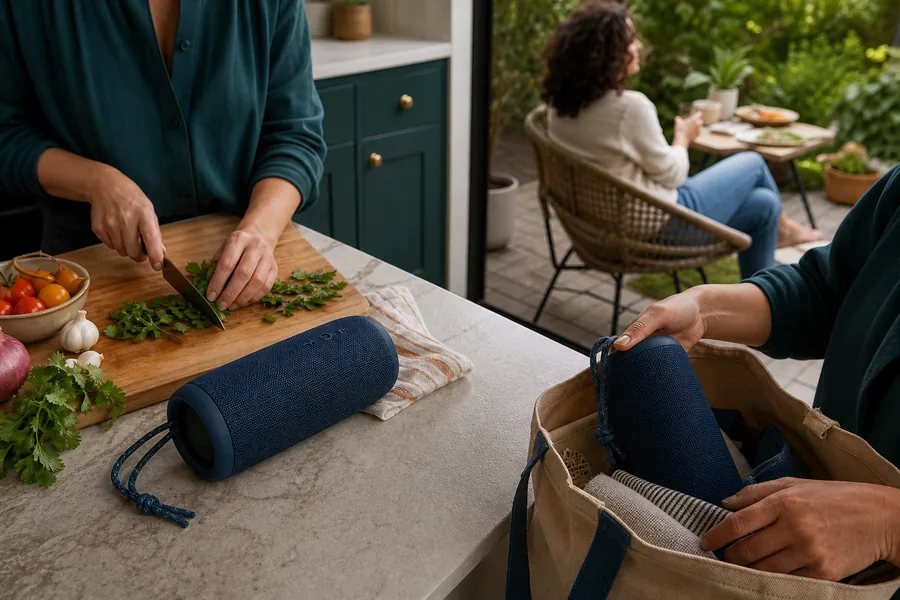 casual listeners comparing portable bluetooth speaker for music moves from meal prep to the patio and then into a weekend tote.