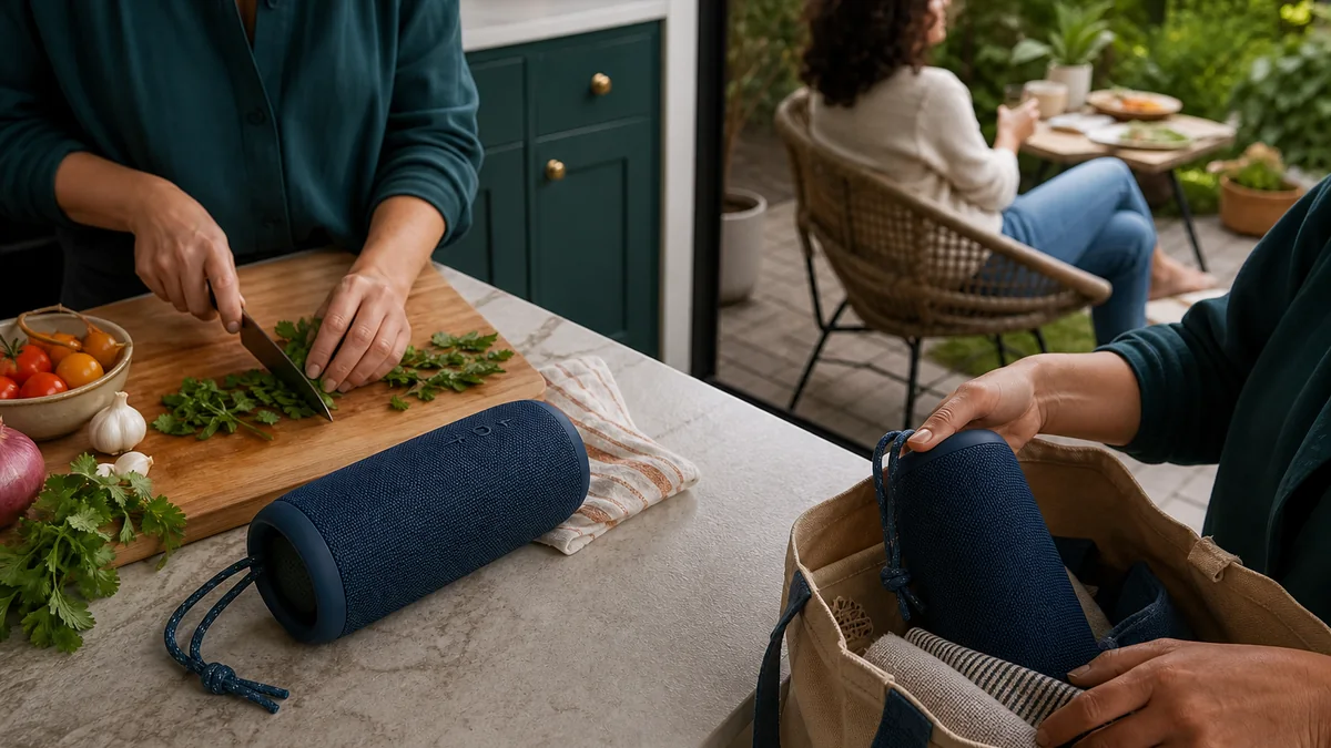 portable bluetooth speaker shown in the real-life setting: Music moves from meal prep to the patio and then into a weekend tote.