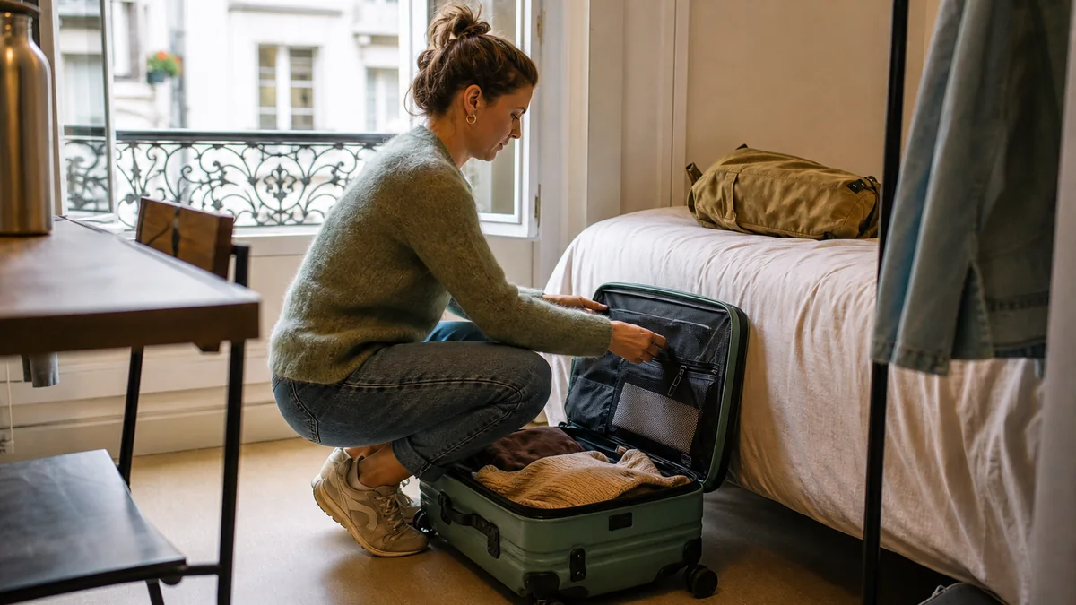 lightweight carry on luggage shown in the real-life setting: A bag rolls through an airport, lifts onto a train, climbs apartment stairs, and opens in a small room.