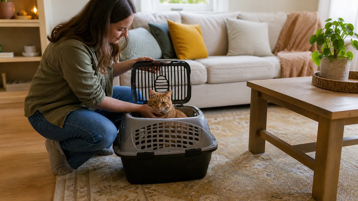 cat carrier top opening shown in the real-life setting: The carrier spends most of the year stored away, then needs to feel familiar before a vet appointment.