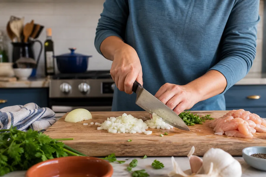 everyday home cooks comparing chef knife home cook for dinner prep involves onions, herbs, and chicken on a busy Tuesday—not a restaurant shift.