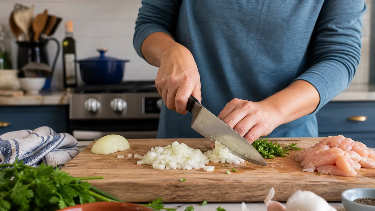 chef knife home cook shown in the real-life setting: Dinner prep involves onions, herbs, and chicken on a busy Tuesday—not a restaurant shift.