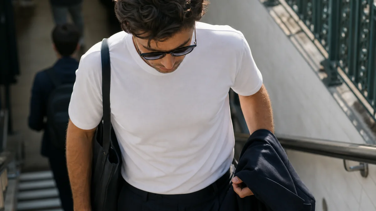 premium white t shirt shown in the real-life setting: A reliable white tee needs to work alone on Saturday and under a blazer on Monday.