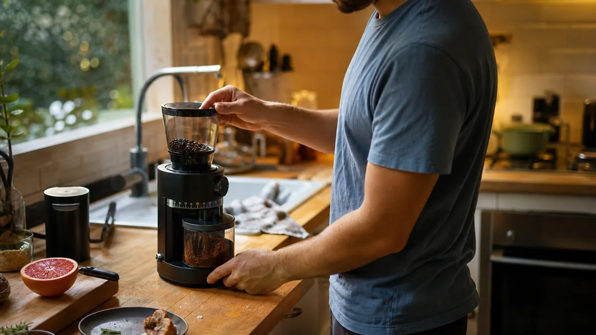 burr coffee grinder home shown in the real-life setting: Fresh coffee matters, but the morning routine still needs to stay quiet and quick.