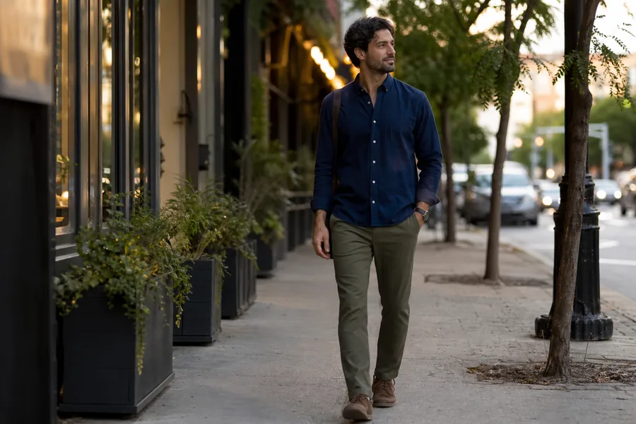 hybrid workers comparing comfortable work pants for the day starts at a desk, includes a cross-town errand, and ends at a casual dinner without time to change.