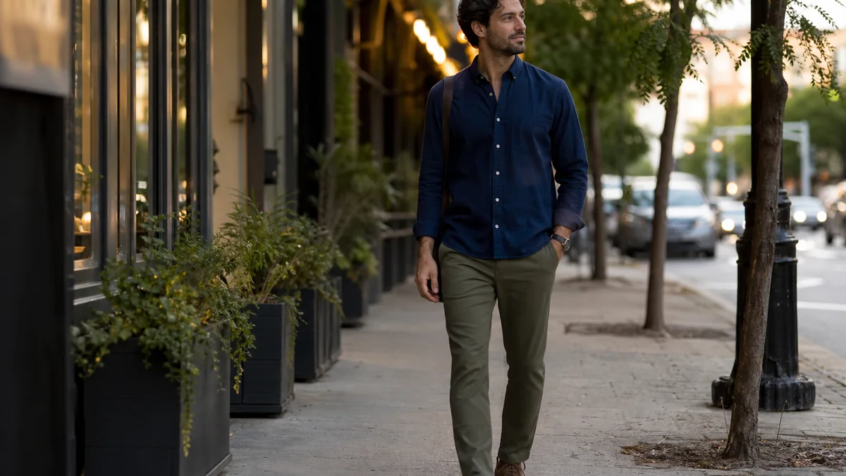 comfortable work pants shown in the real-life setting: The day starts at a desk, includes a cross-town errand, and ends at a casual dinner without time to change.