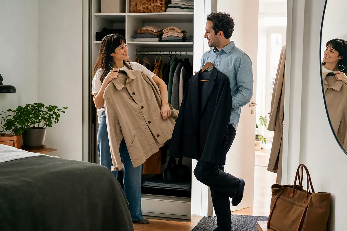 hybrid workers considering comfortable work pants in an everyday setting