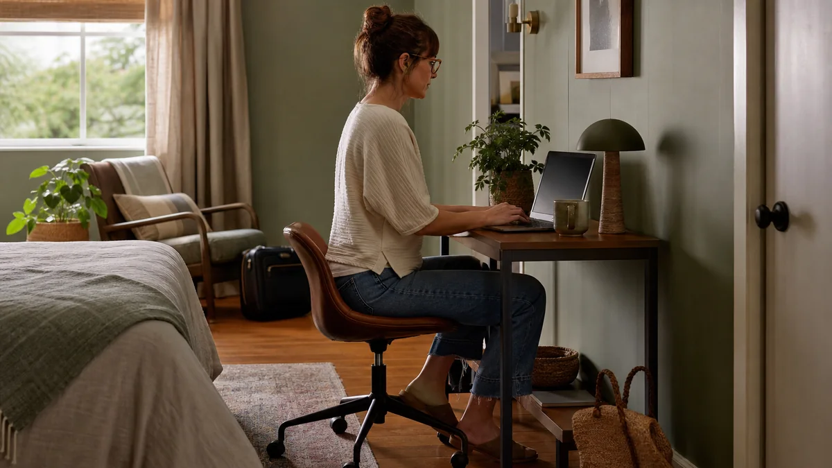 compact desk small space shown in the real-life setting: A guest room needs to become a focused workspace without losing its original purpose.
