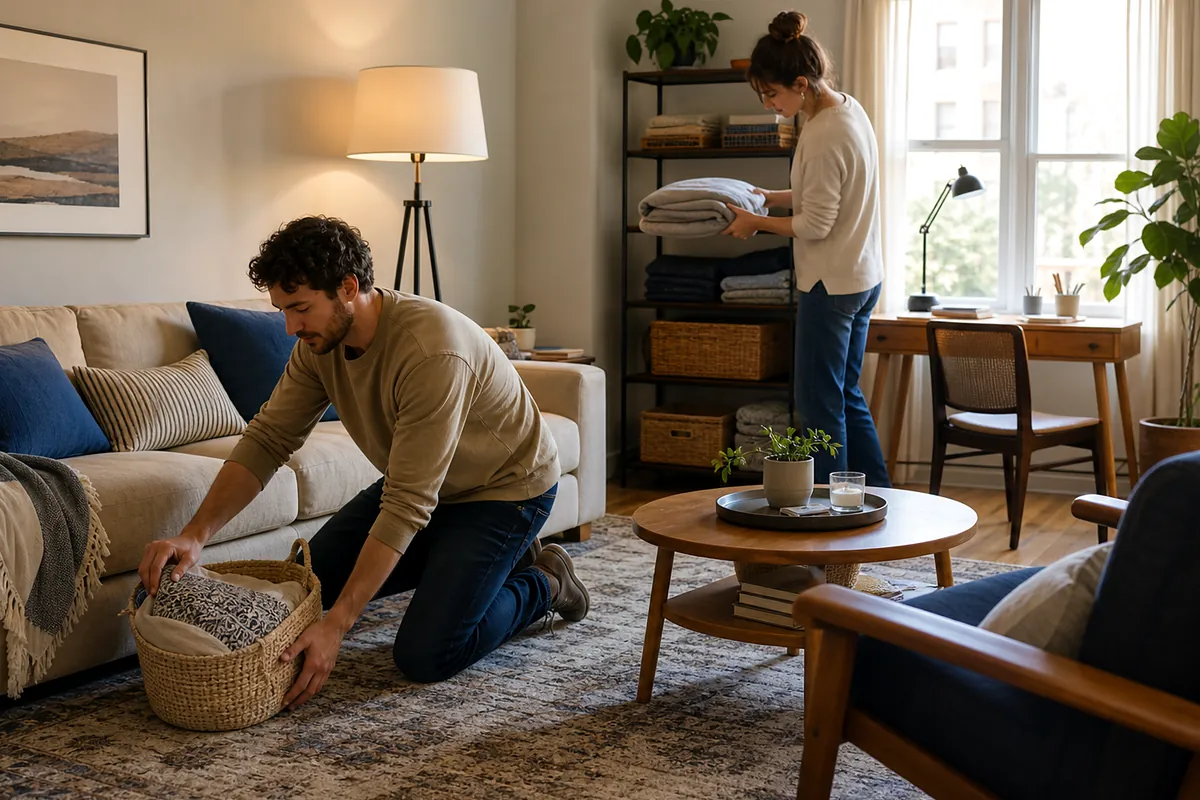 apartment and guest-room workers considering compact desk small space in an everyday setting