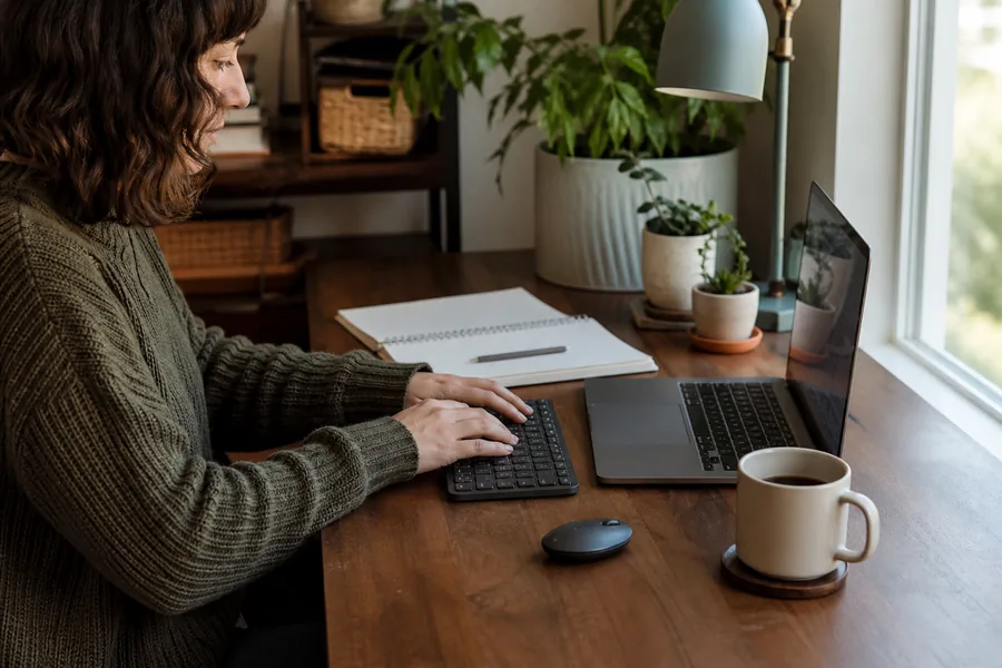 small-space workers comparing compact wireless keyboard for a narrow desk needs room for a notebook, coffee, and mouse without making typing cramped.