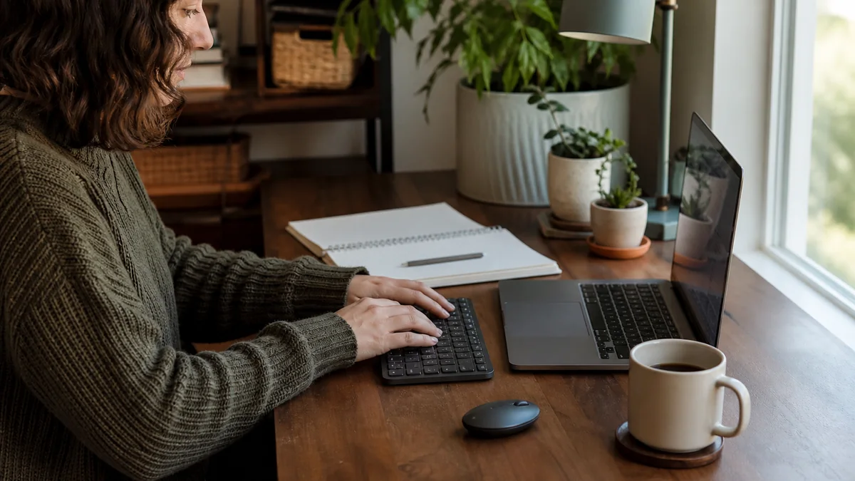 compact wireless keyboard shown in the real-life setting: A narrow desk needs room for a notebook, coffee, and mouse without making typing cramped.