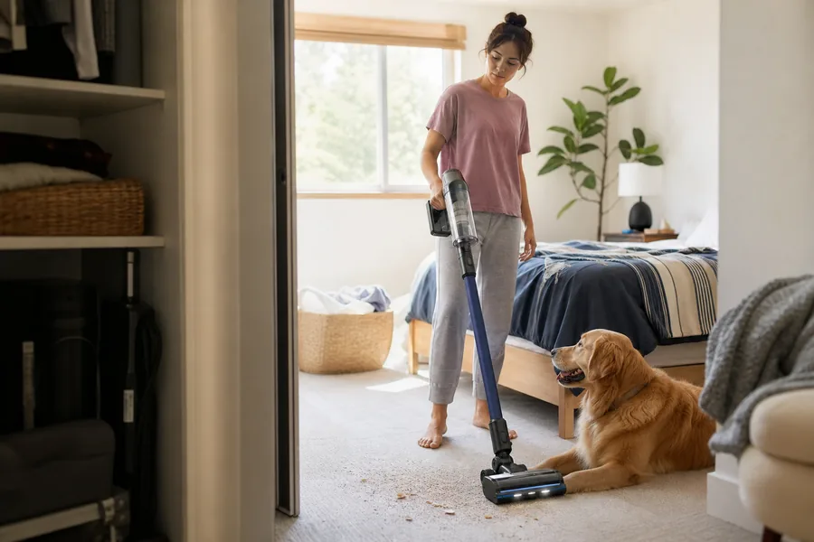 busy homes and pet owners comparing cordless stick vacuum for crumbs appear after breakfast, pet hair gathers by afternoon, and a full-size vacuum stays in the closet.