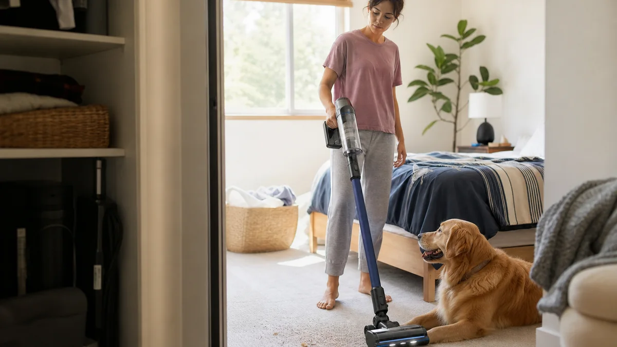 cordless stick vacuum shown in the real-life setting: Crumbs appear after breakfast, pet hair gathers by afternoon, and a full-size vacuum stays in the closet.