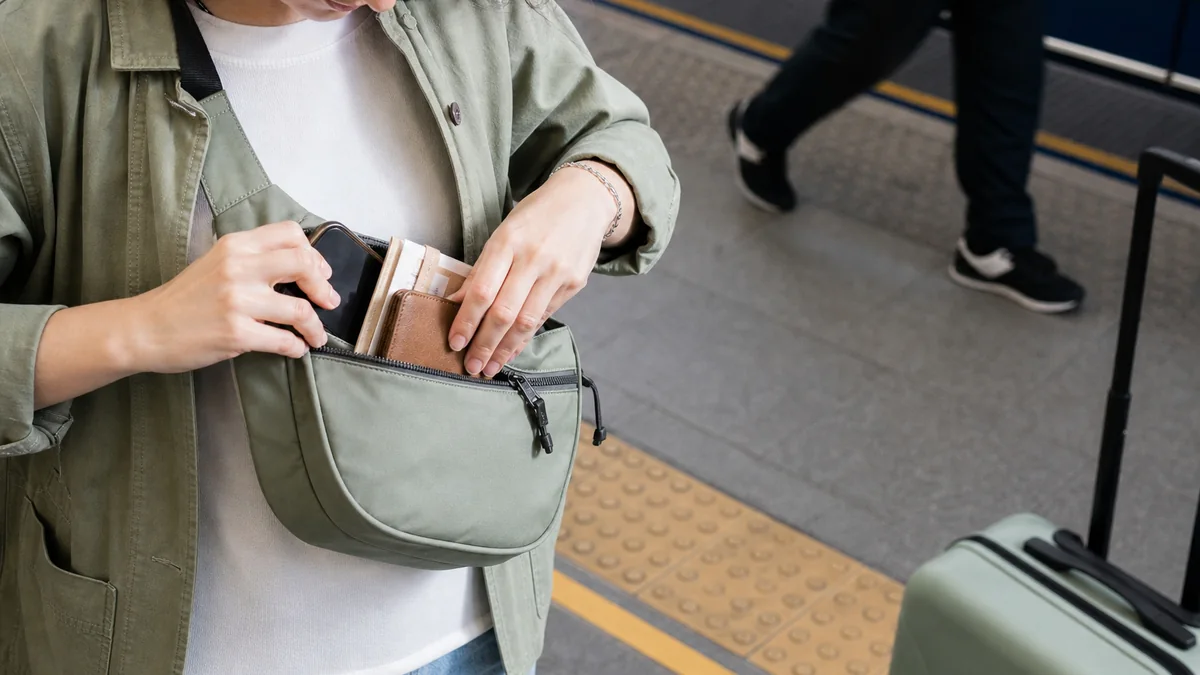 secure crossbody bag travel shown in the real-life setting: Tickets, a phone, and a small wallet need to stay close while both hands remain free.