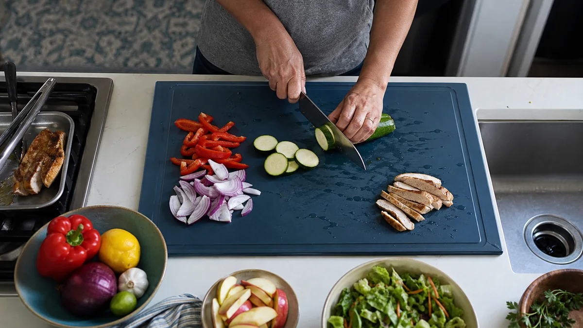large cutting board non slip shown in the real-life setting: A board needs to handle vegetables, fruit, and cooked food without sliding across a small counter.