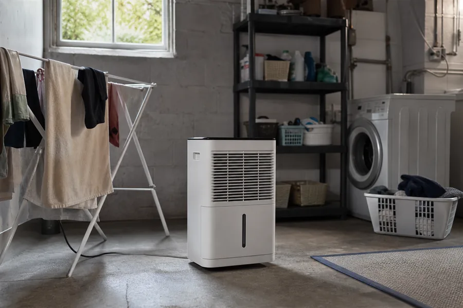 damp-space homeowners comparing dehumidifier basement for a basement smells musty after rain and laundry takes too long to dry nearby.