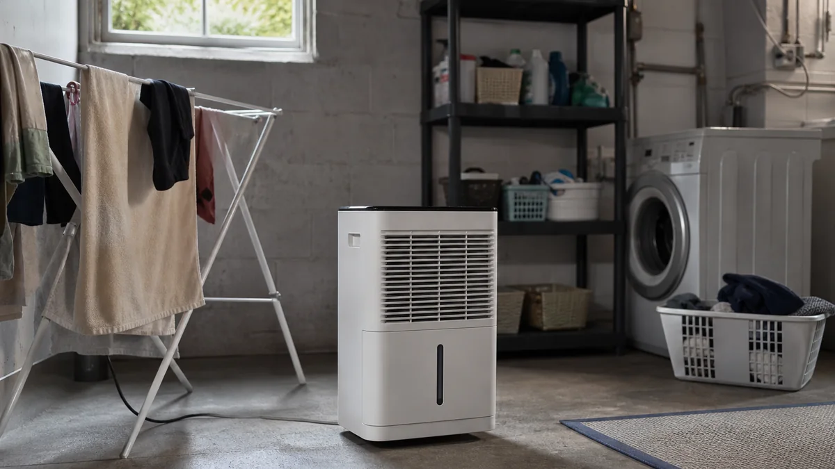 dehumidifier basement shown in the real-life setting: A basement smells musty after rain and laundry takes too long to dry nearby.