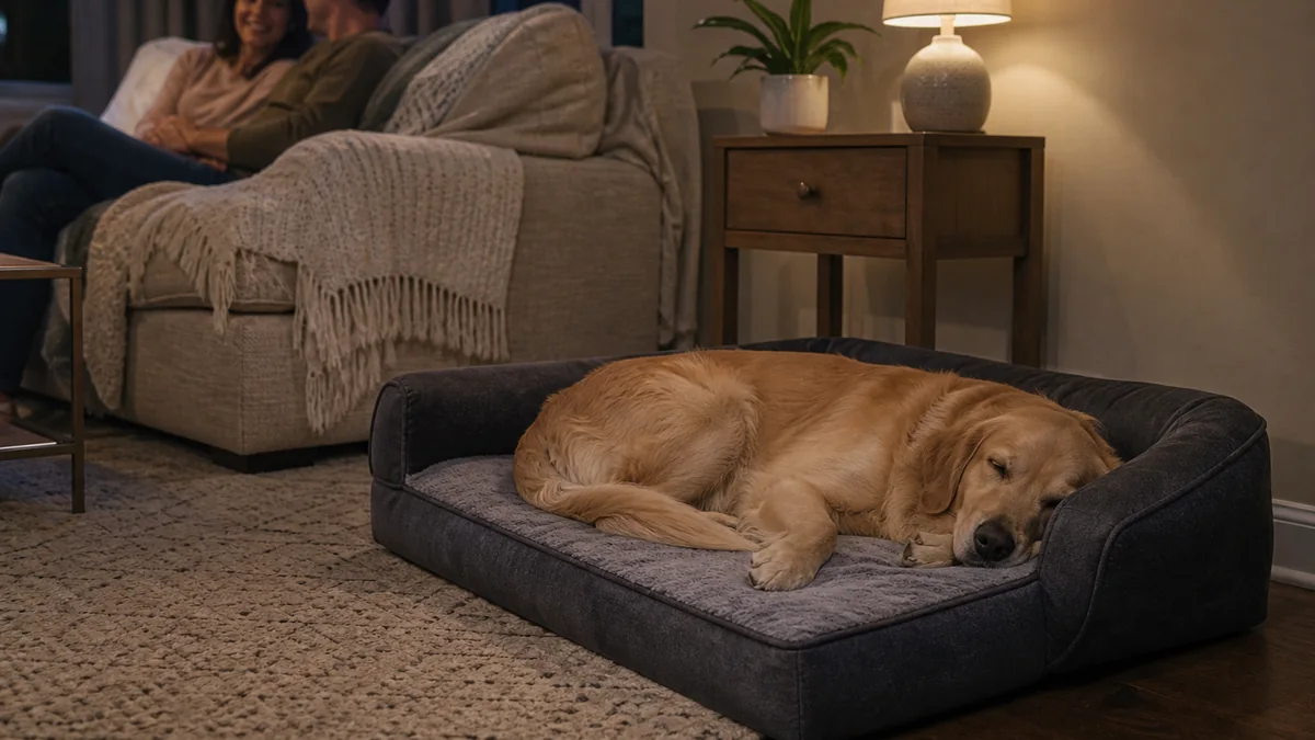 washable supportive dog bed shown in the real-life setting: A dog naps near the family by day and prefers a quieter supportive spot at night.
