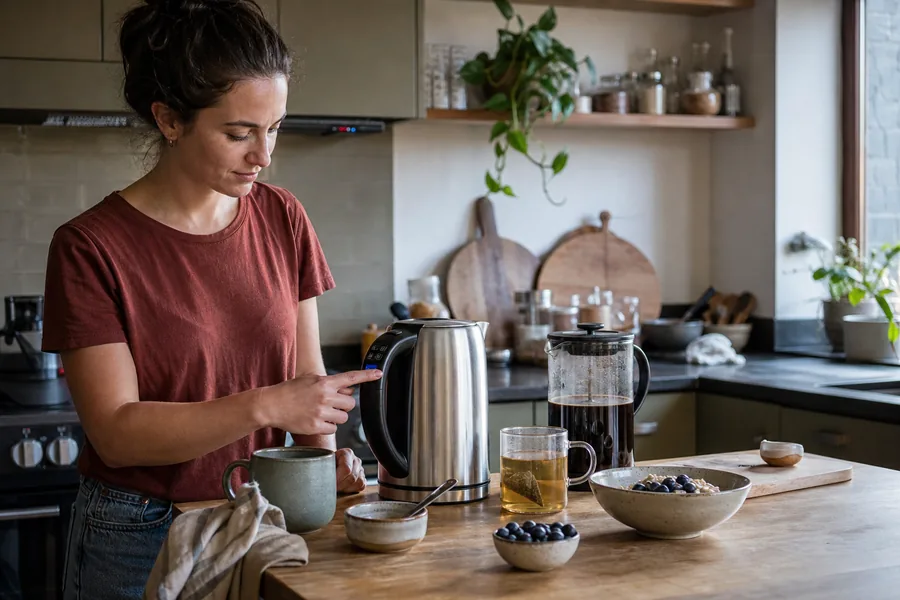 tea and coffee drinkers comparing electric kettle temperature control for hot water is needed for morning coffee, afternoon tea, and a quick bowl of oats.