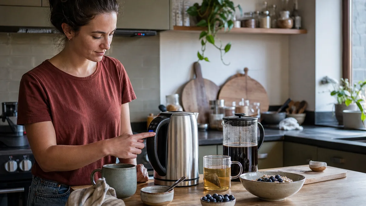 electric kettle temperature control shown in the real-life setting: Hot water is needed for morning coffee, afternoon tea, and a quick bowl of oats.