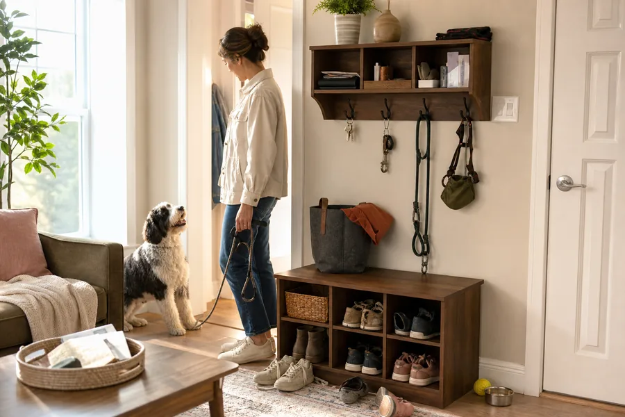busy households comparing entryway organizer small space for shoes, keys, mail, and dog gear pile up in the first five feet of the home.