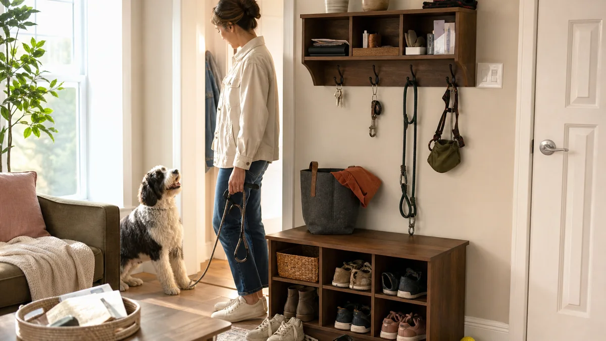 entryway organizer small space shown in the real-life setting: Shoes, keys, mail, and dog gear pile up in the first five feet of the home.