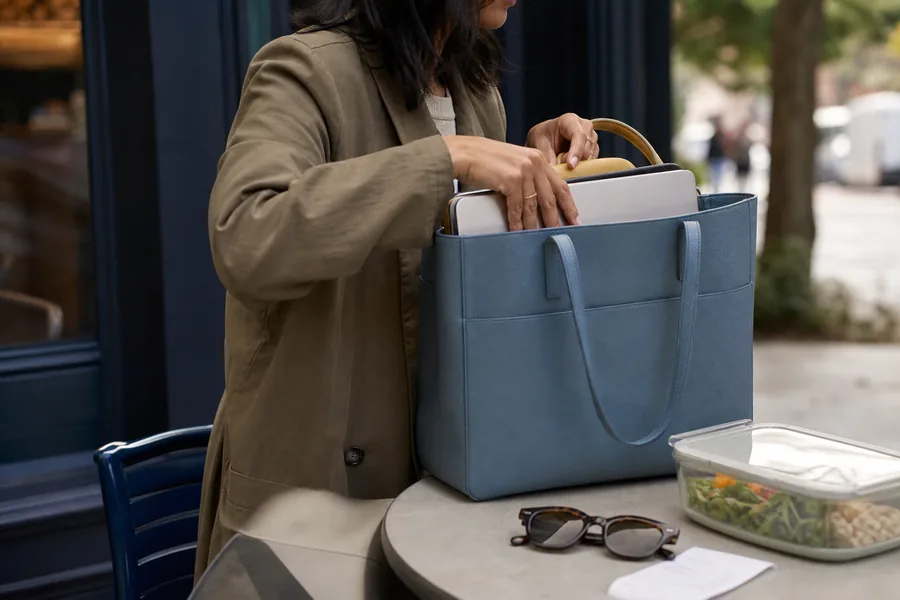 commuters and caregivers comparing structured everyday tote bag for a single bag carries a laptop, lunch, sunglasses, and the receipt you need to find later.