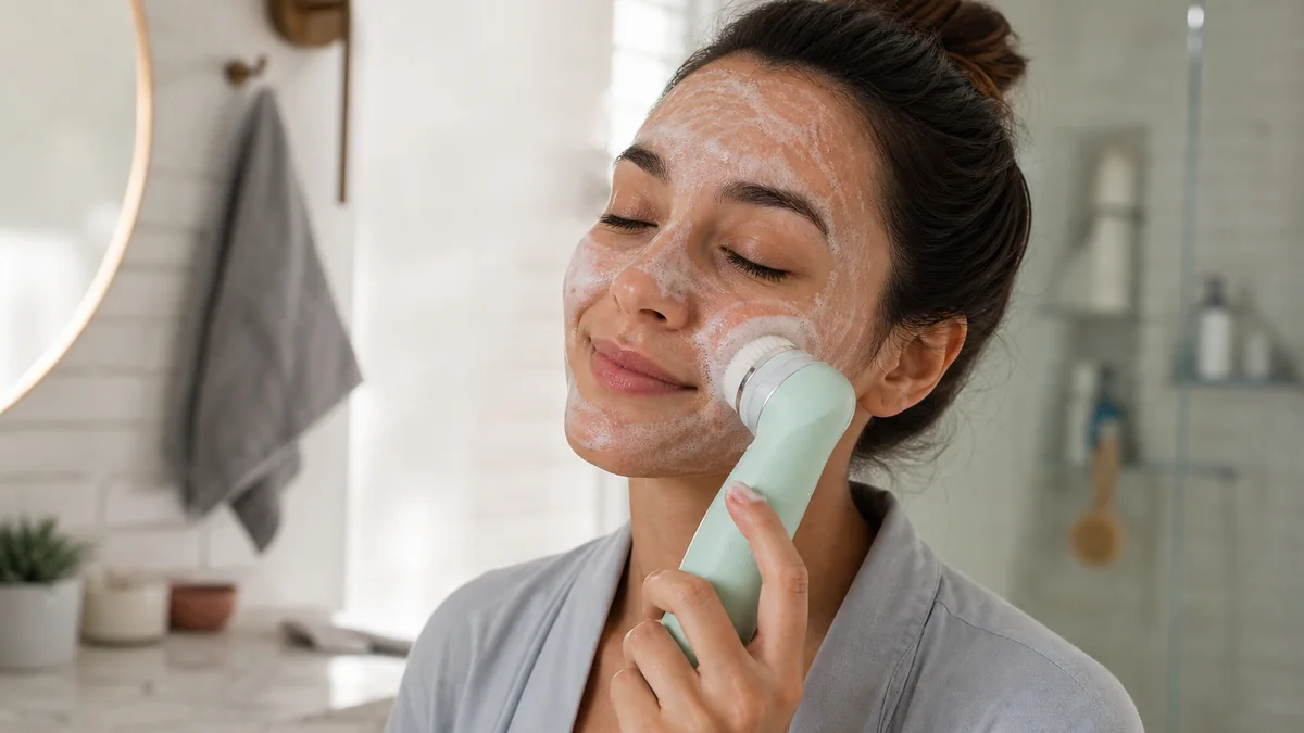 gentle facial cleansing brush shown in the real-life setting: A skincare routine needs a gentle, repeatable cleanse—not another device abandoned in a drawer.