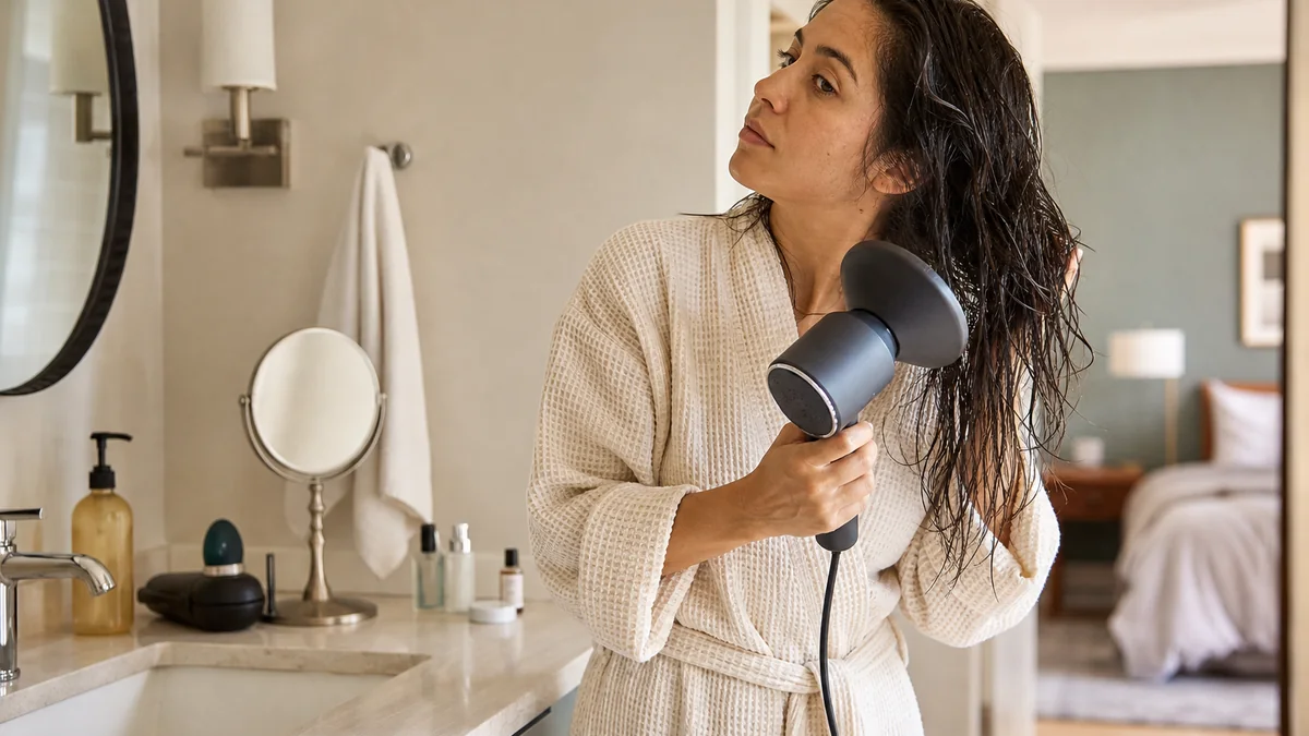 hair dryer multiple heat settings shown in the real-life setting: Wet hair, a morning meeting, and limited bathroom time create a routine that needs speed and control.