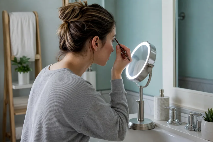 small-space routines comparing lighted makeup mirror adjustable for overhead bathroom light creates shadows, while the bedroom corner has no useful task lighting.