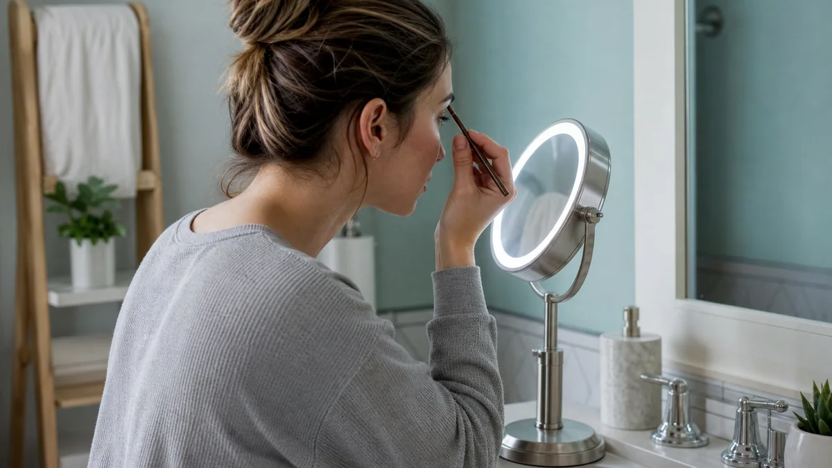 lighted makeup mirror adjustable shown in the real-life setting: Overhead bathroom light creates shadows, while the bedroom corner has no useful task lighting.