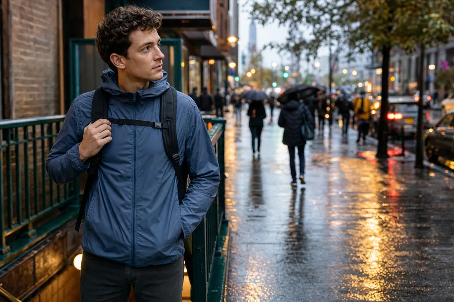 daily commuters comparing lightweight packable jacket for a cool morning turns into a warm train ride, then an unexpected shower arrives before dinner.