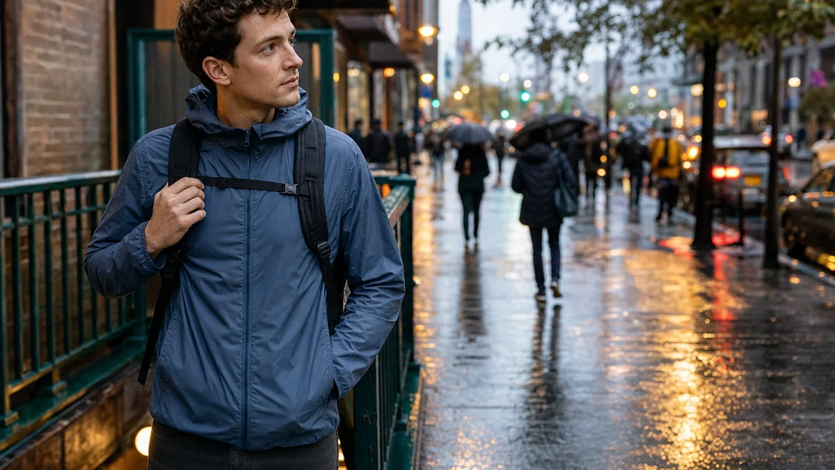 lightweight packable jacket shown in the real-life setting: A cool morning turns into a warm train ride, then an unexpected shower arrives before dinner.