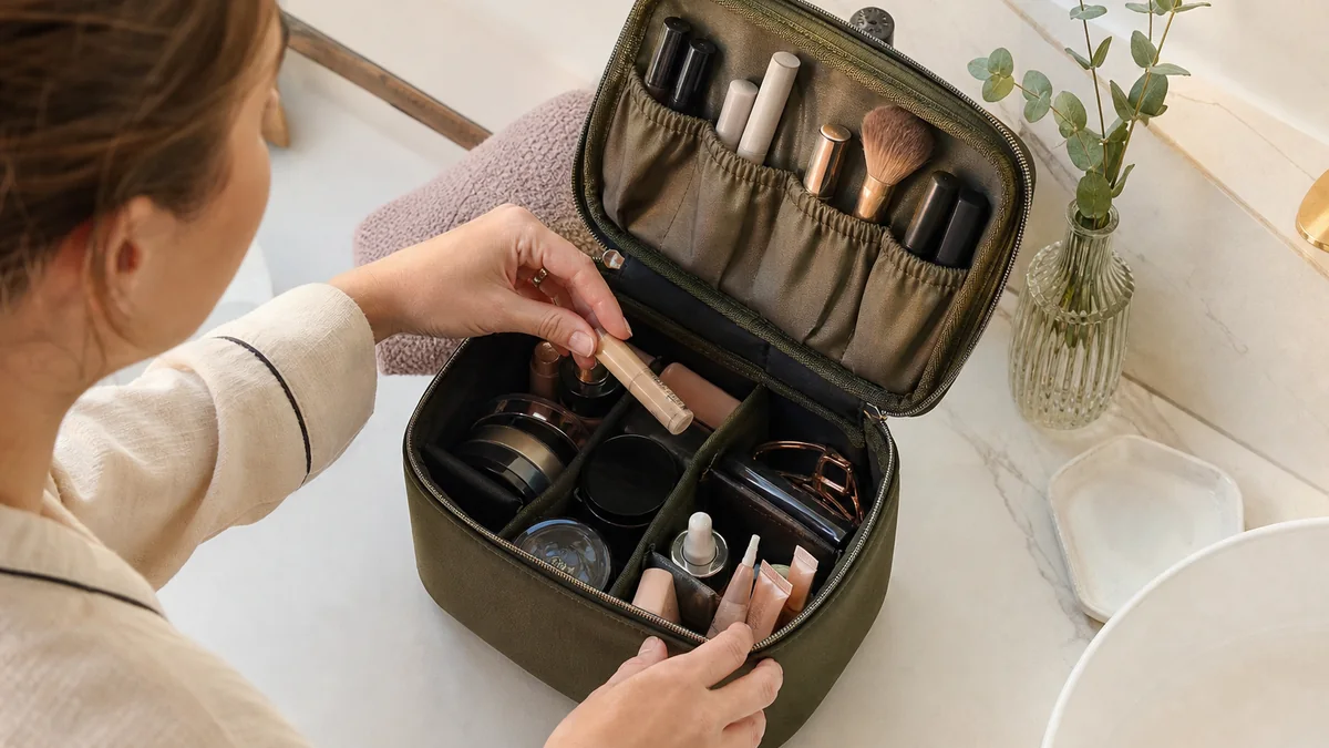 organized makeup bag shown in the real-life setting: The products used every morning should not disappear beneath travel minis and forgotten samples.