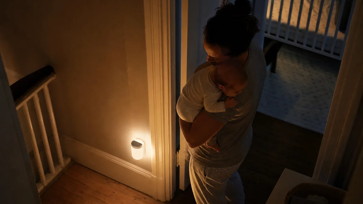 warm dimmable night light shown in the real-life setting: The family needs enough light to move safely without turning bedtime into daytime.