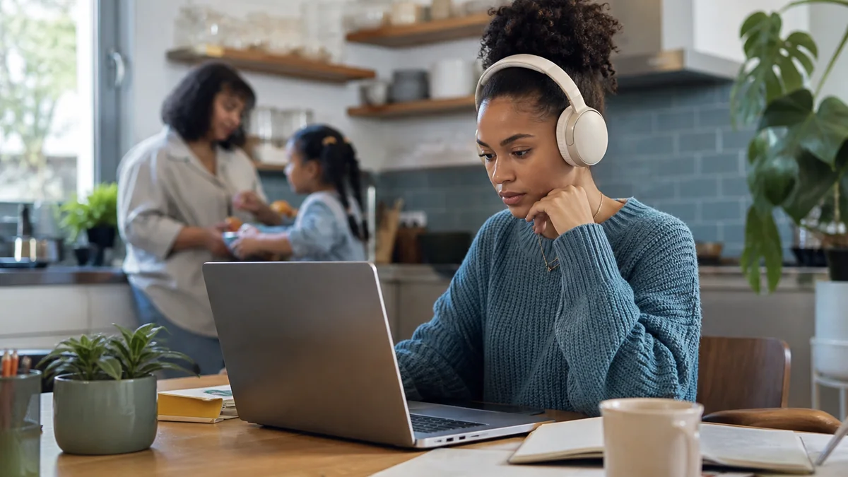 noise canceling headphones shown in the real-life setting: A kitchen table doubles as an office while conversations, traffic, and appliances compete for attention.
