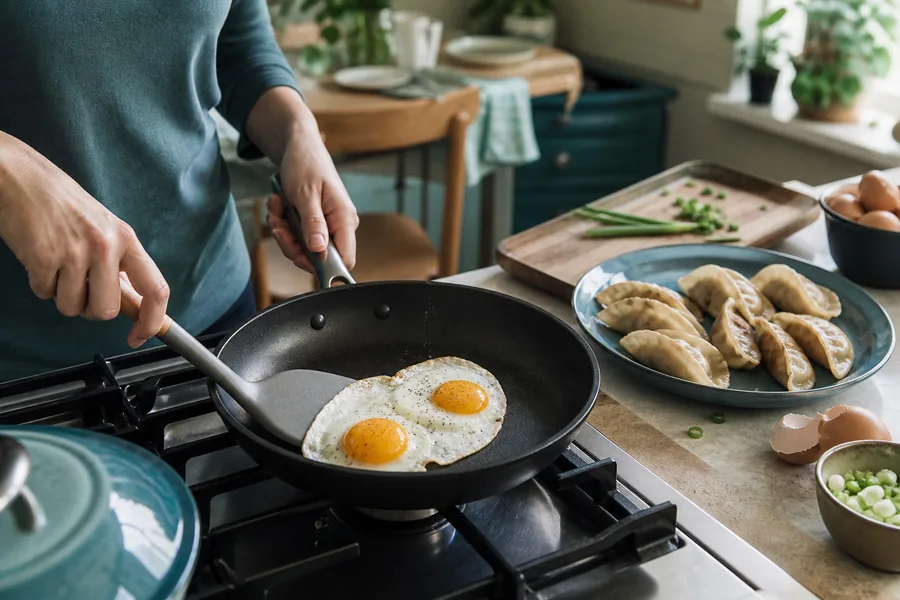quick-meal cooks comparing nonstick frying pan for breakfast eggs and a quick dumpling dinner should release cleanly without a long soak afterward.