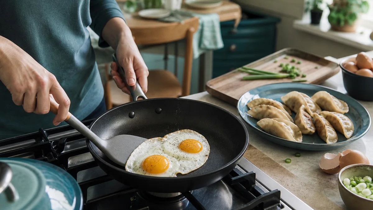 nonstick frying pan shown in the real-life setting: Breakfast eggs and a quick dumpling dinner should release cleanly without a long soak afterward.
