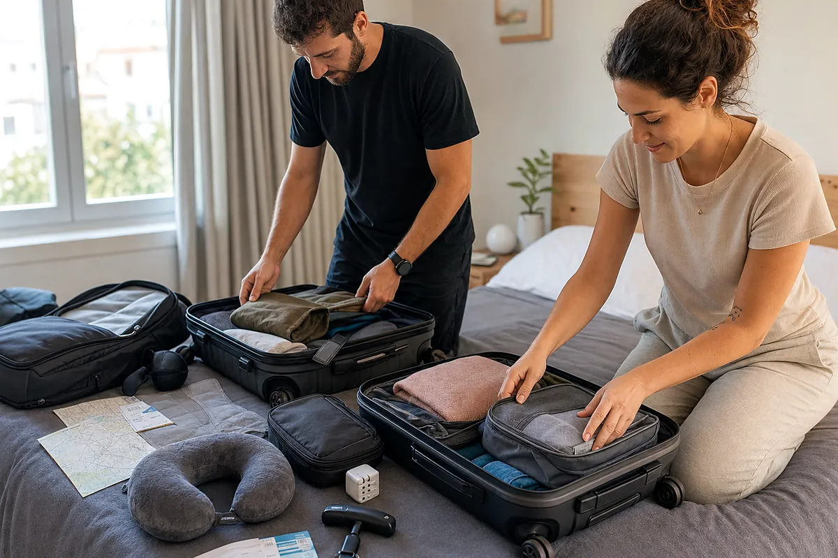 light packers considering personal item travel bag in an everyday setting