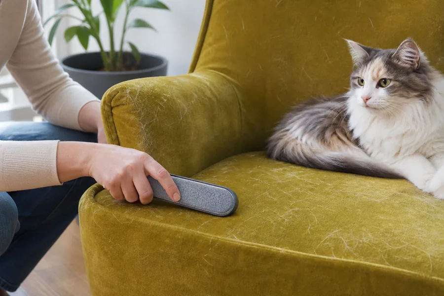 pet owners with fabric furniture comparing reusable pet hair remover for hair collects differently on a velvet chair, cotton duvet, and textured car upholstery.