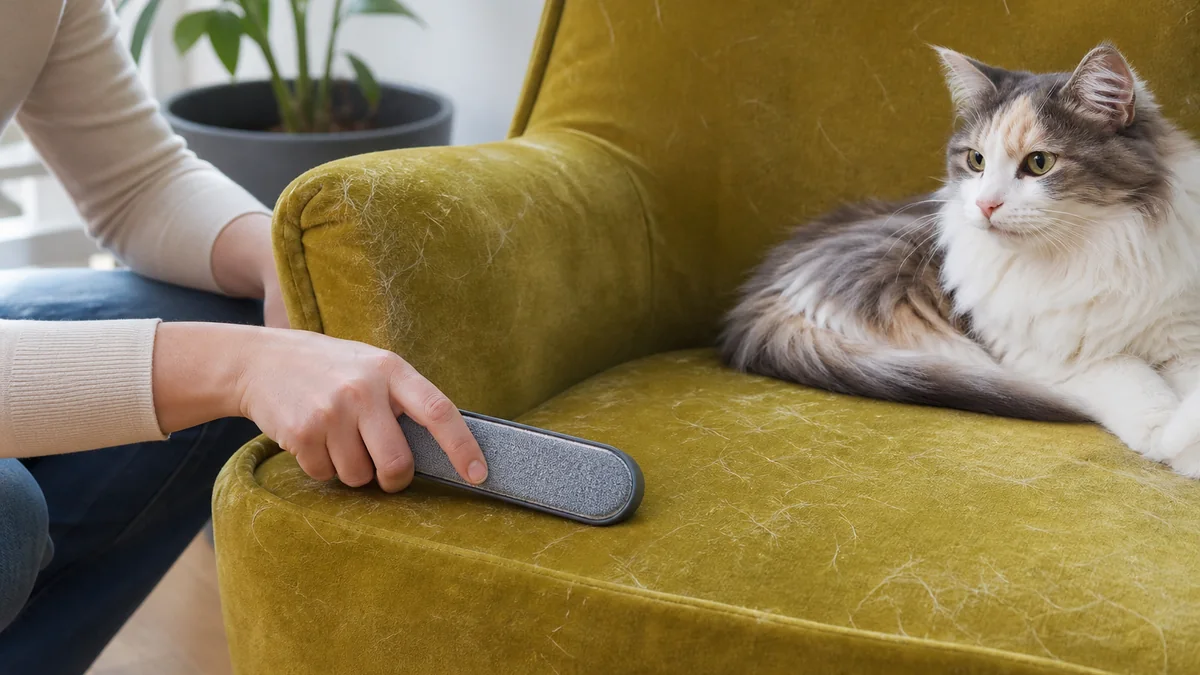 reusable pet hair remover shown in the real-life setting: Hair collects differently on a velvet chair, cotton duvet, and textured car upholstery.