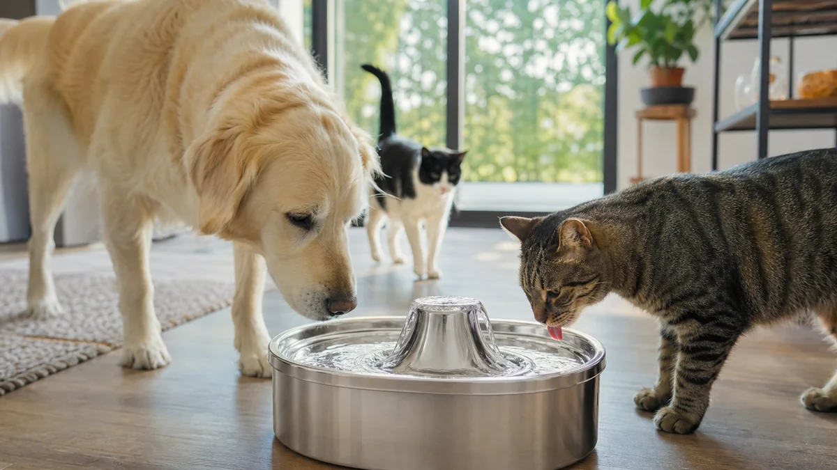 cat water fountain stainless steel shown in the real-life setting: Multiple pets share water throughout the day, and an open bowl collects fur quickly.