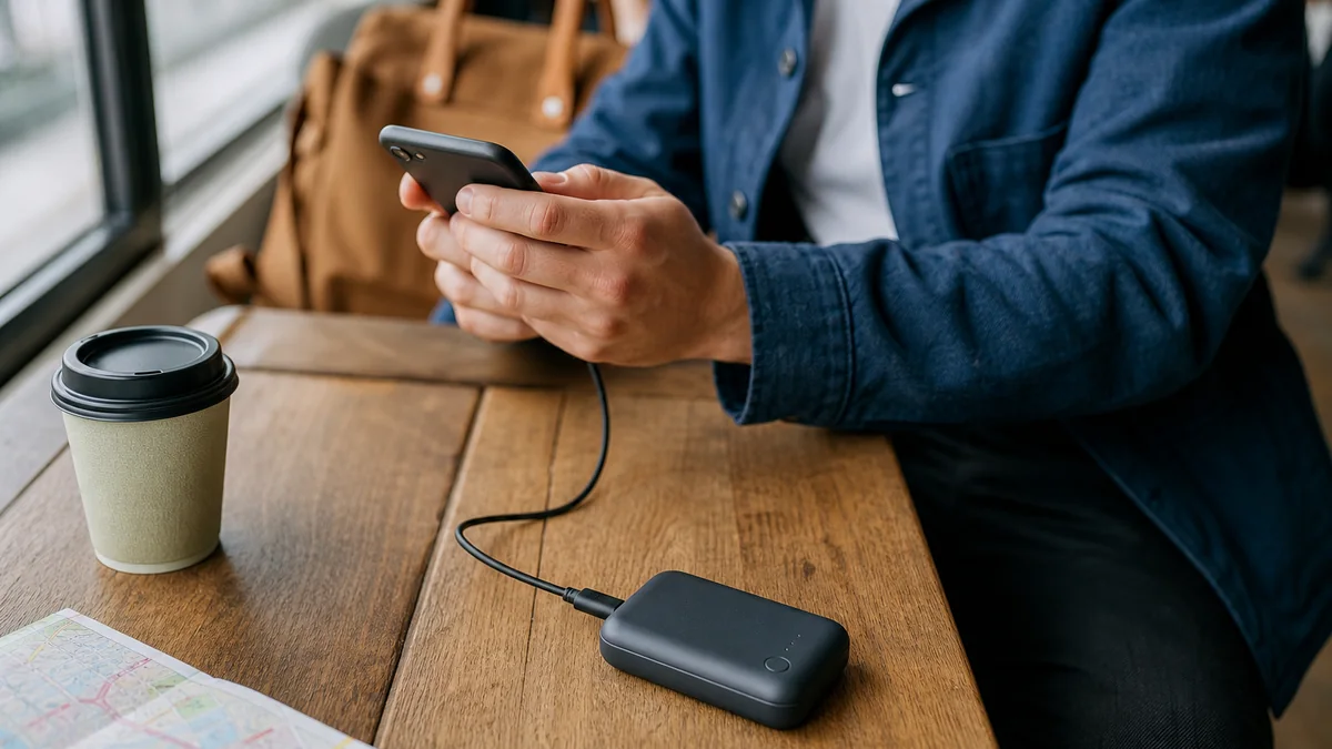 portable charger usb c shown in the real-life setting: Maps, tickets, photos, and messages drain a phone during a full day across town.
