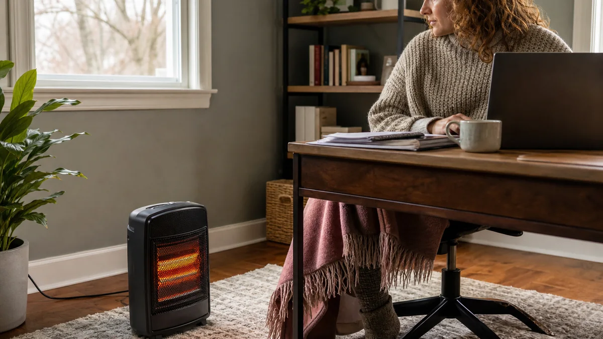 portable space heater safety shown in the real-life setting: One home-office corner stays cold even when the rest of the house feels comfortable.