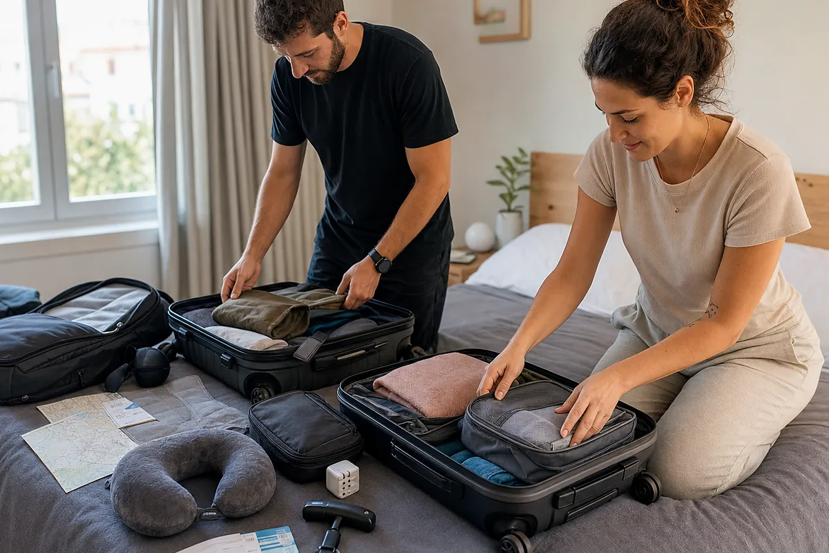 checked-bag travelers considering portable luggage scale in an everyday setting