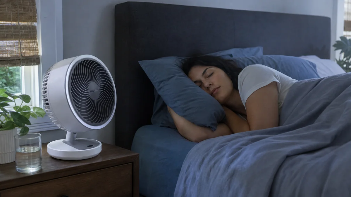 quiet bedroom fan shown in the real-life setting: A warm bedroom needs steady airflow without clicks, bright lights, or a motor hum that grows over time.
