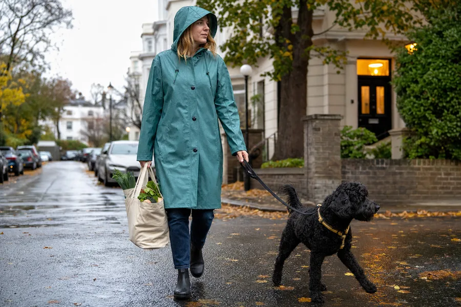 rainy-day walkers comparing waterproof raincoat everyday for a wet forecast does not cancel groceries, the school run, or a restless dog’s afternoon walk.